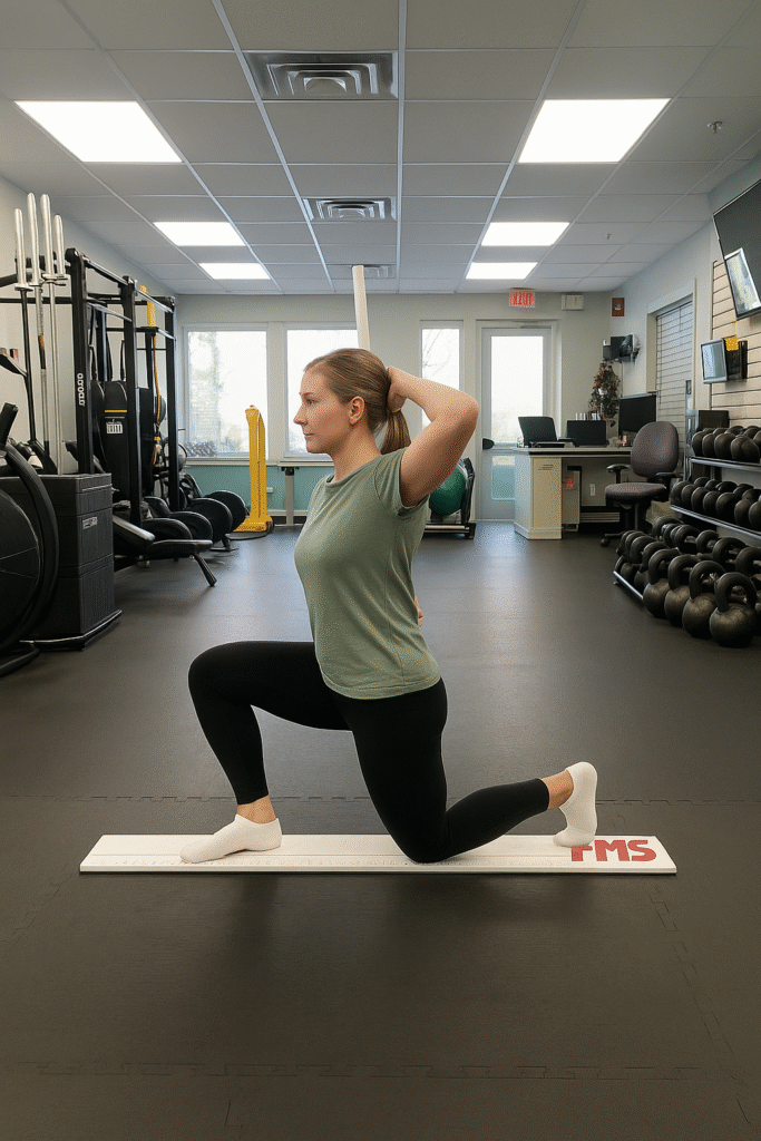 Inline lunge pattern assessment showing proper alignment before loading during functional training at Passion for Fitness.