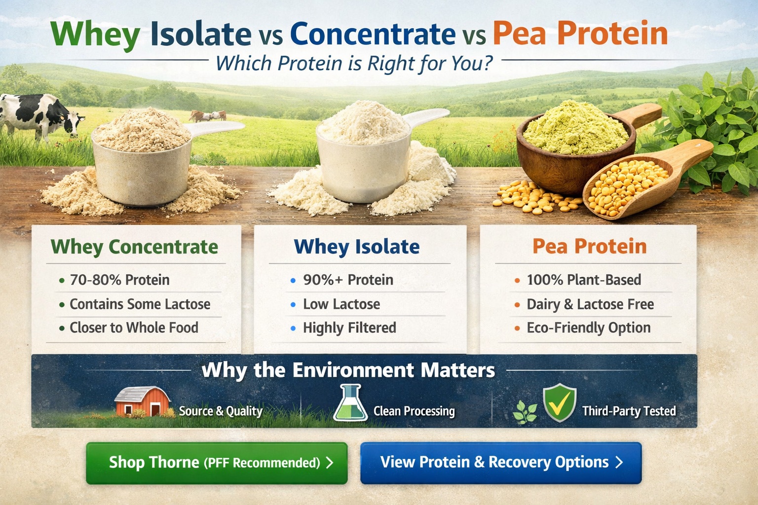 Protein comparison chart explaining whey isolate, whey concentrate, and pea protein for clients at Passion for Fitness.