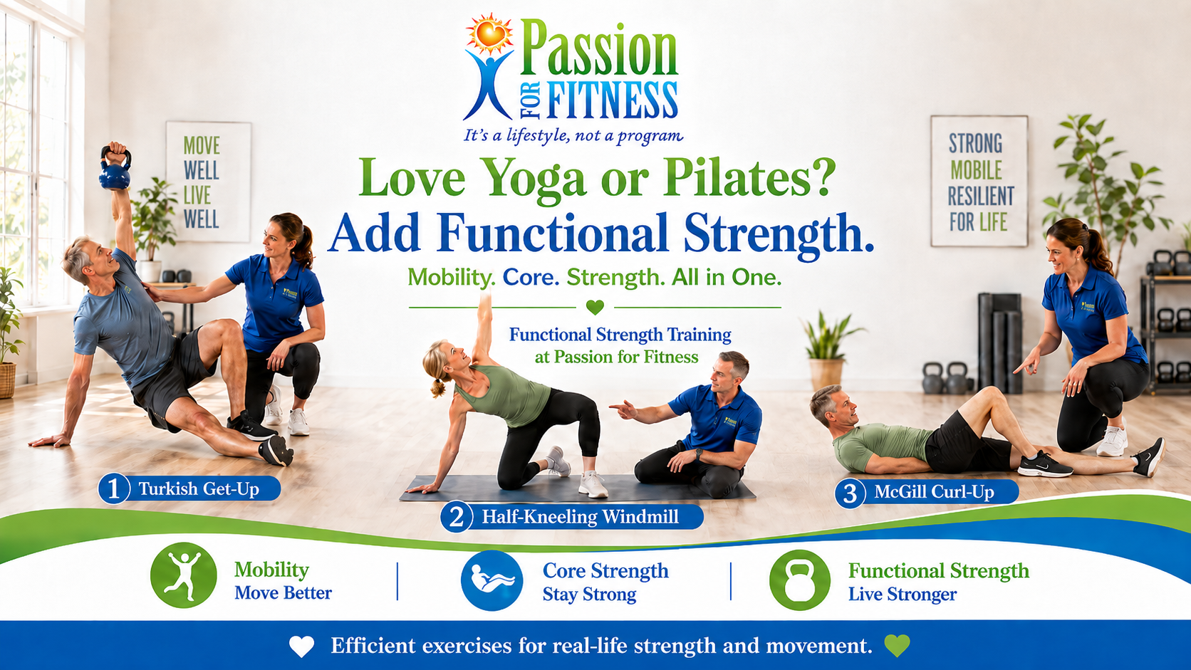 Functional strength training with Turkish get-up, half-kneeling windmill, and McGill curl-up at Passion for Fitness