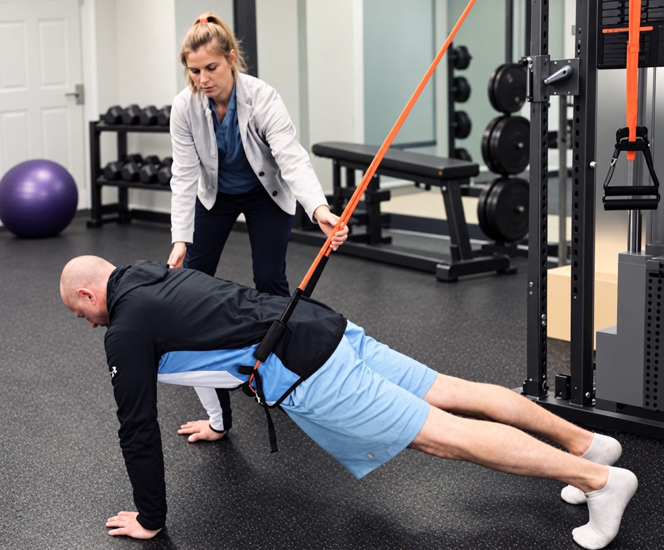 Personal trainer guiding a client through a resistance band assisted plank during a one-on-one training session at Passion for Fitness in Exton, PA